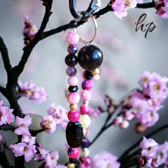 Pink, Black & Gold Hand Crafted Beaded Keychain - Picture 2 of 8